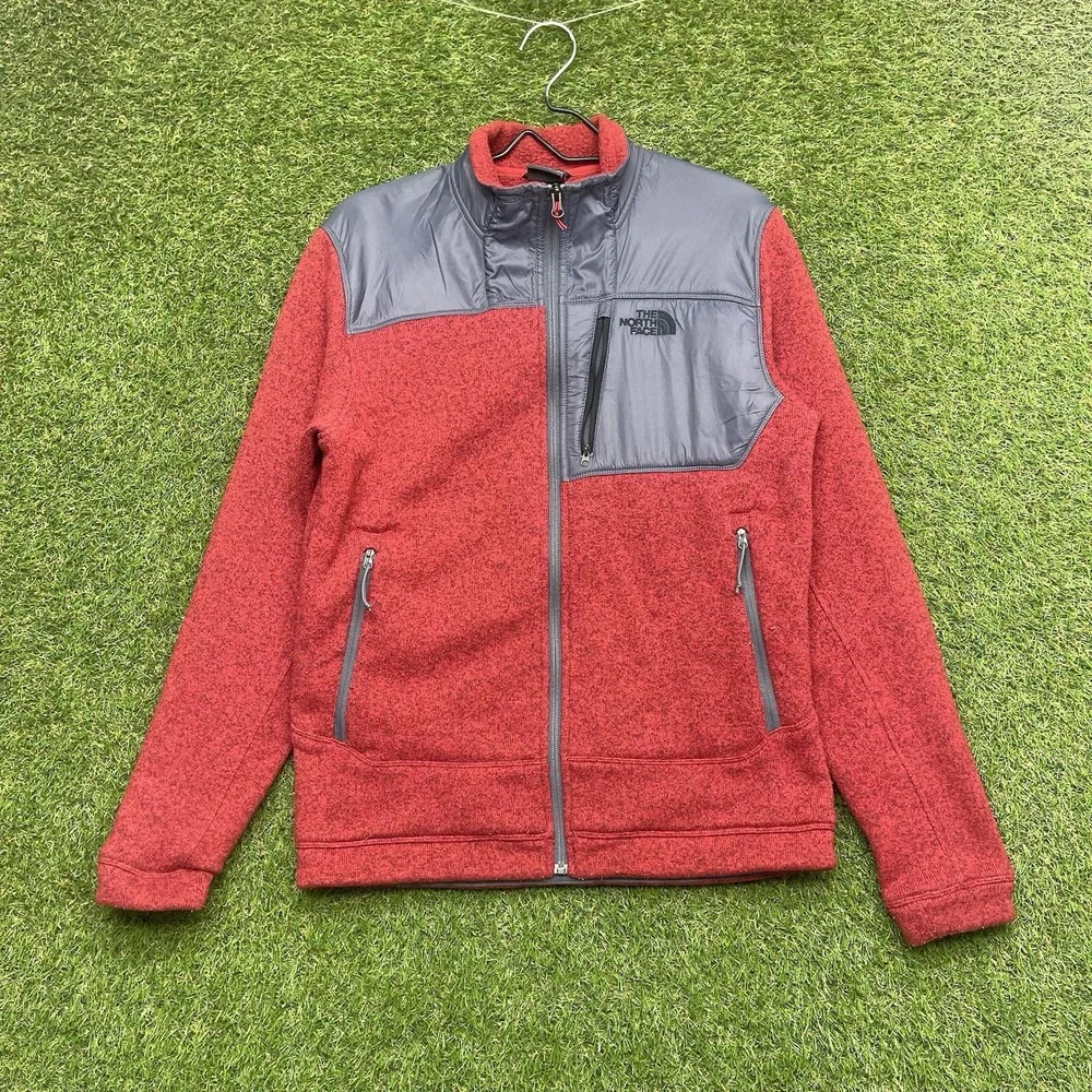 The North Face Jacket Mens Medium Red Fleece Full Zip Elbow Patch Long Sleeve